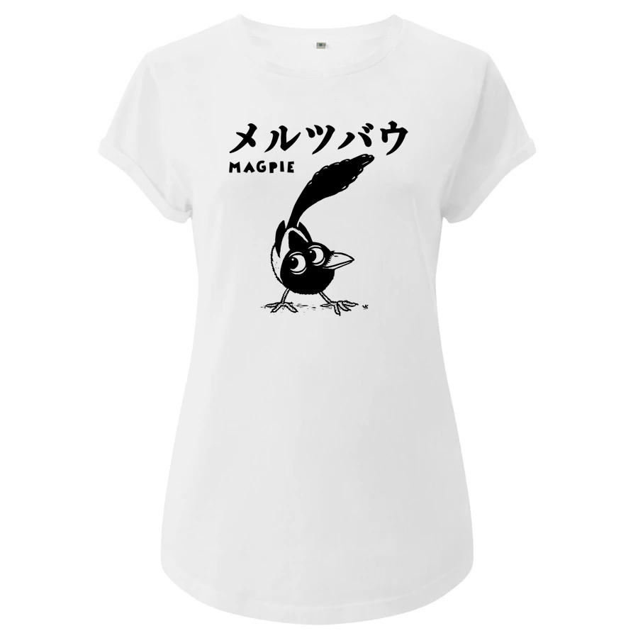 white rolled-sleeve Ladies T-Shirt with balck magpie print
