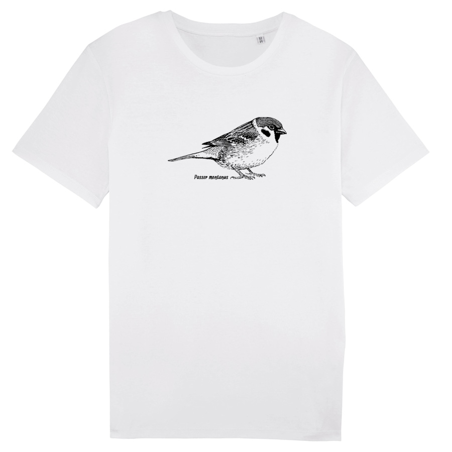 Eurasian Tree Sparrow, screen printed BirdShirt, white