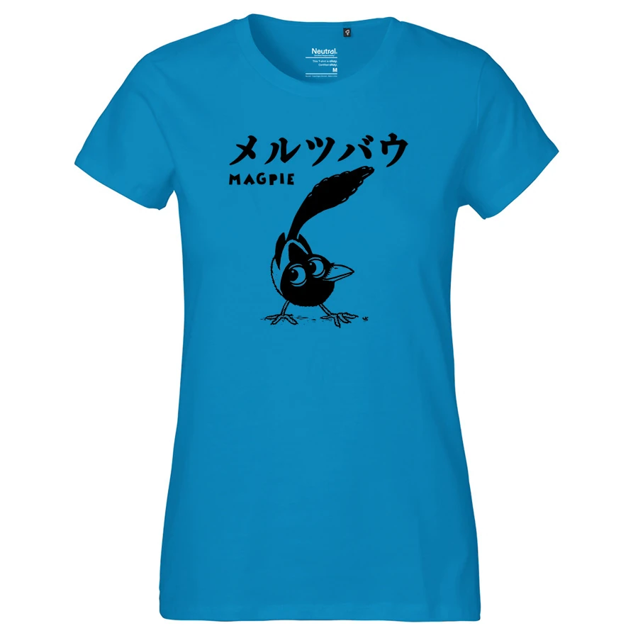 azurblaues Damenshirt mit schwarzem Siebdruck, MERZBOW