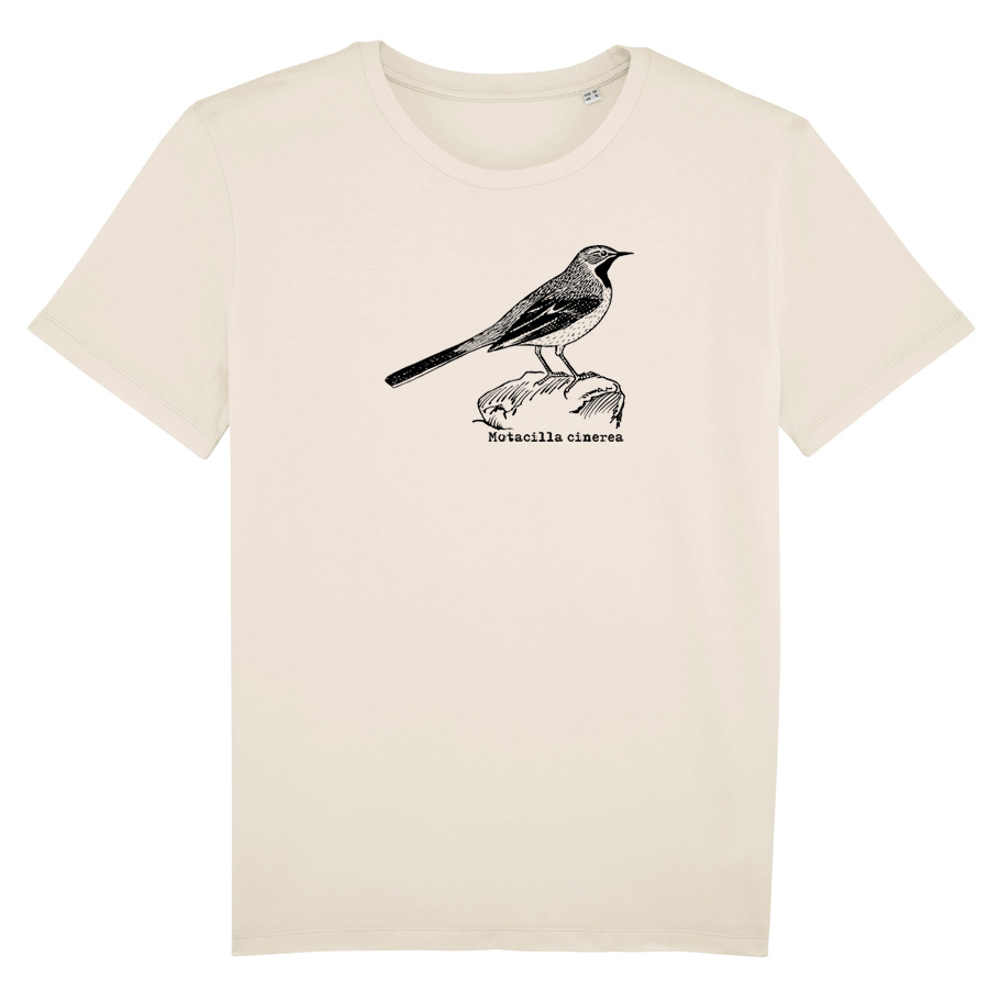 handprinted Organic BirdShirt, Grey Wagtail, natural